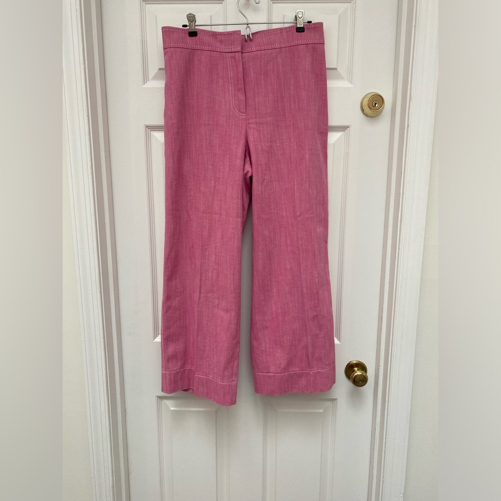 Akris Rose-Pink Wide Leg Linen-Blend Pants w White Contrast Stitching - Size 8